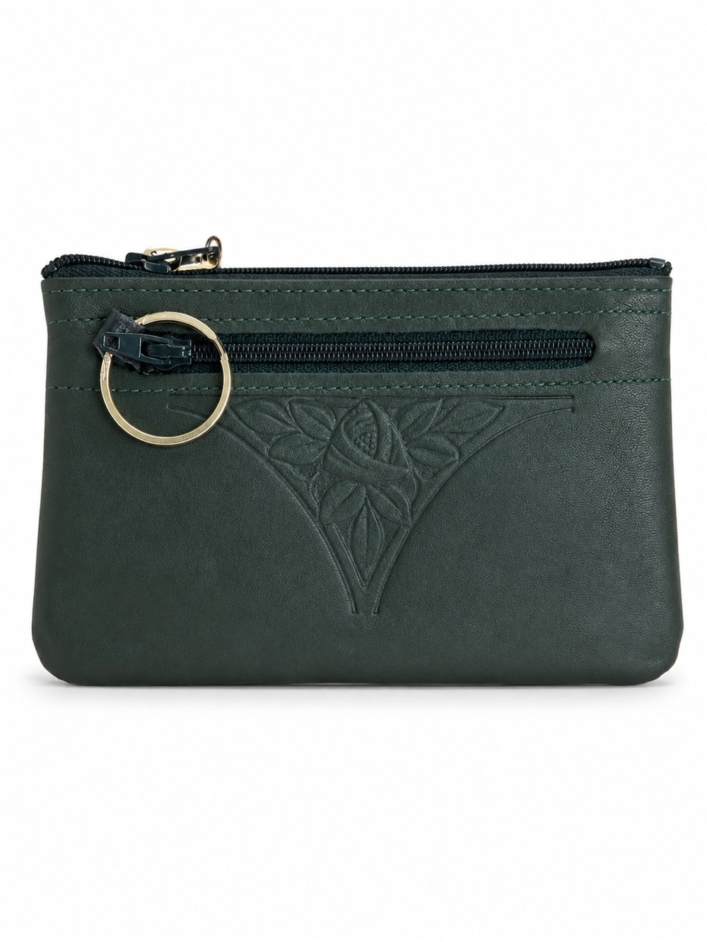 Vintage ROLFS Green Leather Rose Embossed Key Ring Coin Purse Pouch USA Made